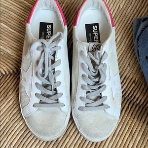 Golden Goose Superstar White Gray Sneakers with Pink Heel